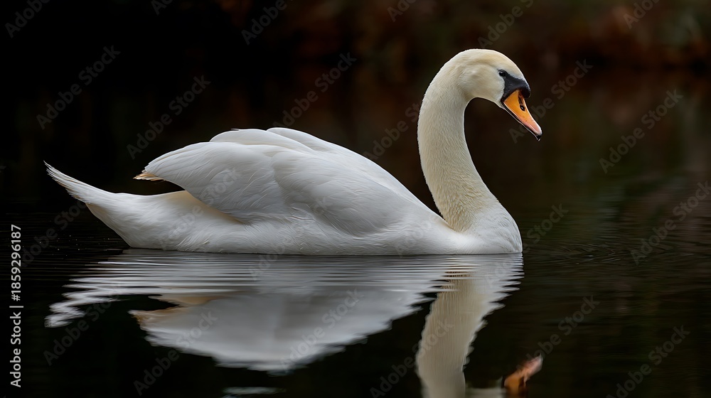 Naklejka premium A regal white swan gracefully gliding across dark water, reflecting its form