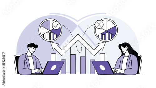 Business risk versus growth analysis from dual perspectives, showing contrasting charts and graphs with a man and woman working on laptops