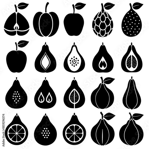 a collection of various fruit silhouettes in black and white showcasing apples pears papayas and other tropical varieties high quality professional detailed modern elegant stylish clean
