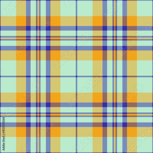 Website background seamless plaid, quilted check texture vector. Strong fabric textile tartan pattern in blue and yellow colors.
