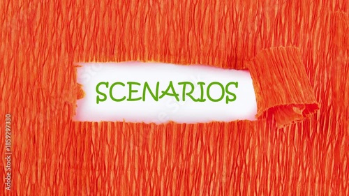The word Scenarios is revealed through an opening on a textured orange backdrop. The chromatic text evolves, changing from white to light green