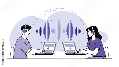 Two creatives reviewing audio waveforms on laptops in a collaborative work setting with headphones on