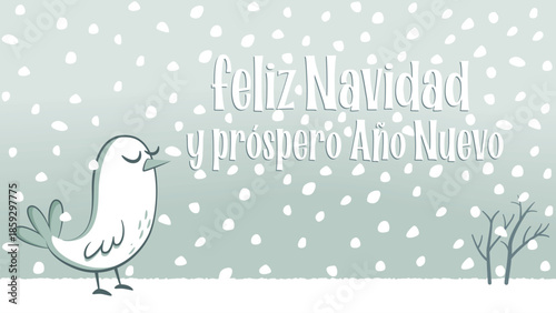 Christmas greeting in Spanish with a small white bird in the snow. Christmas greeting in Spanish with a snowy landscape with a small white bird with its eyes closed.