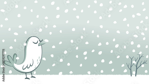 Little white bird in the snow. Illustration of a snowy landscape with a small white bird with its eyes closed.