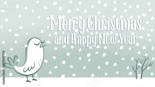 Christmas greeting with a small white bird in the snow. Christmas greeting with a snowy landscape with a small white bird with its eyes closed.