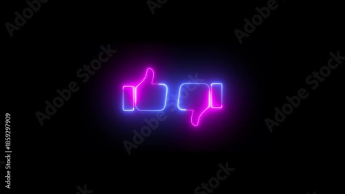 Like and dislike neon icons on black background, neon thumbs up and thumbs down icons 4k video