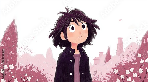 Whimsical children's book illustration of a curious child with messy black hair standing in a pink pastel fantasy world