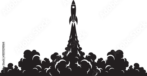 Rocket Launch Silhouette with Smoke Clouds