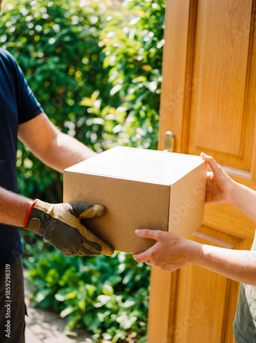 Hand giving cardboard box delivery service advertisement background package parcel logistics shipping commerce purchase client mail carrier copy space warehouse transportation