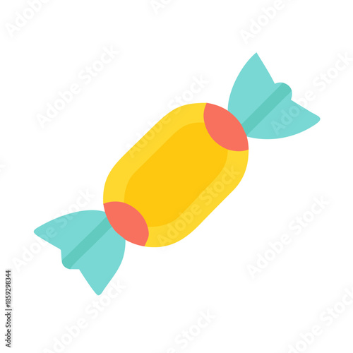 Stylized yellow candy with teal wrappers on white background