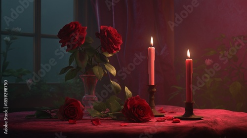 A moody and romantic still life composition featuring a vase of red roses and burning candles on a table near a window at night