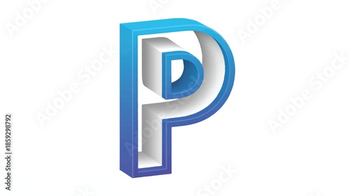 A 3D rendering of a metallic letter P with gradient blue and white colors