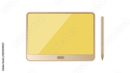 A gold colored tablet and stylus on a white background
