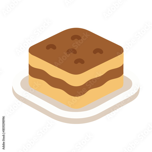 Isometric tiramisu cake illustration on white plate graphic design