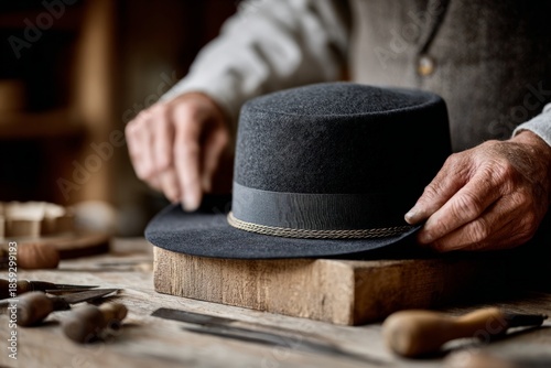 Caucasian mature male hat maker crafting felt hat in workshop