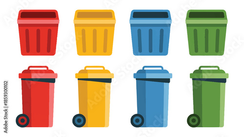 Colorful Waste Management Bins Illustration with Various Containers and Wheels on a White Background