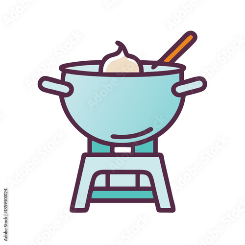 Stylized fondue pot on stand with spoon ready toserve