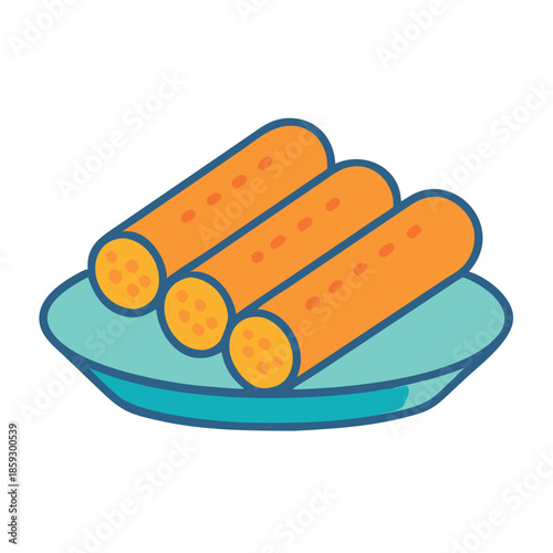 Cartoon illustration of spring rolls served on blue plate
