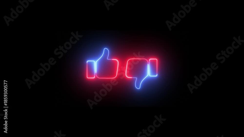 Like and dislike neon icons on black background, neon thumbs up and thumbs down icons 4k video