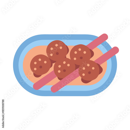 Vector illustration of a plate of meatballs with chopsticks
