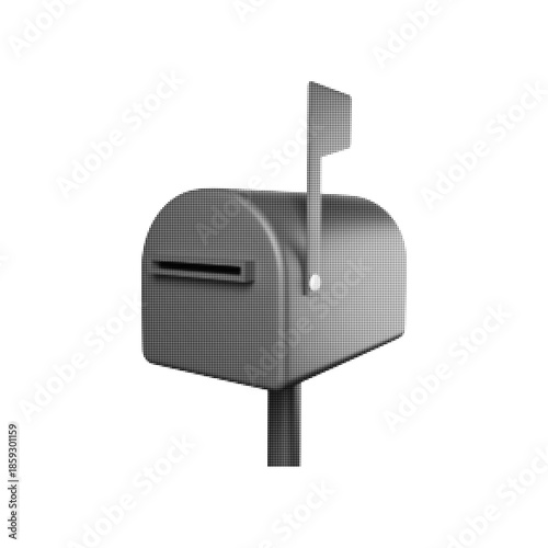 Black and white halftone illustration of a mailbox with raised flag. Minimalist symbol of mail delivery, communication, message, notification, and postal service, isolated on white background.