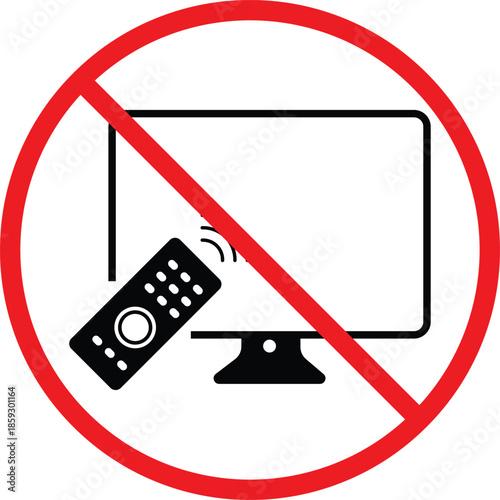no tv with remote icon.  TV and clicker forbidden symbol. Screen and remote prohibited graphic design. Education and study area regulation signs
