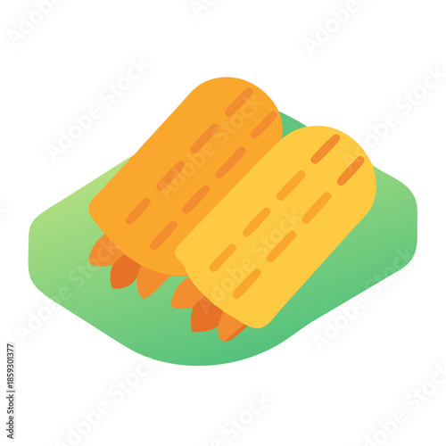 Isometric image of two spring rolls on a plate