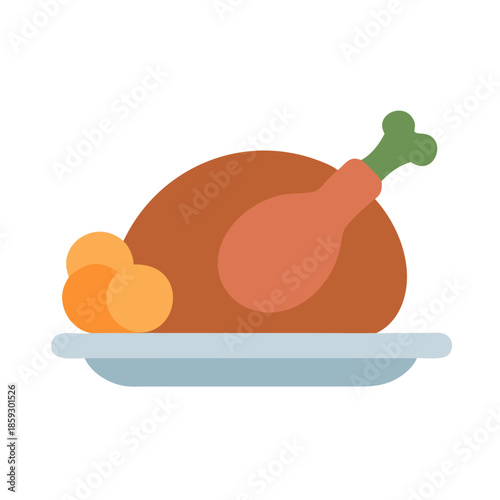 Stylized roast turkey and orange spheres on serving platter