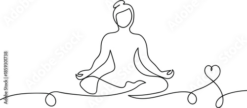Woman sitting in lotus pose yoga. Continuous line drawing of a woman meditating in lotus pose with a heart. A minimalist continuous line drawing depicts a serene figure in a meditative lotus pose, sym
