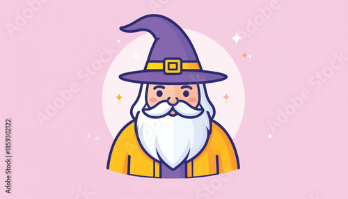 Cartoon Wizard with Purple Hat and White Beard Illustration.