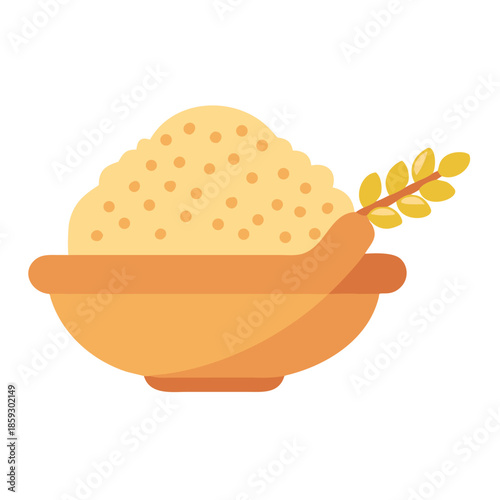 Ceramic bowl with semolina flour and wheat stalk