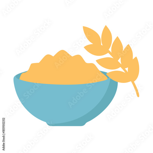 Bowl of cereal and golden wheat on white background