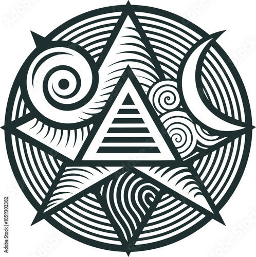 Stunning mystical symbol with star, moon, and triangle on white background