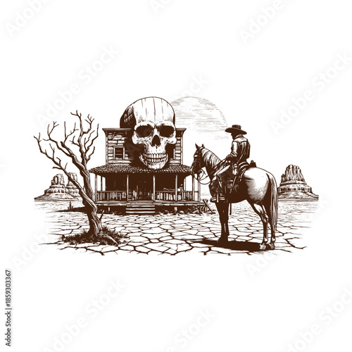 Cowboy on horseback approaching abandoned house with giant skull