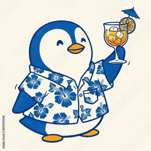 Cute penguin character wearing Hawaiian floral shirt holding a tropical cocktail drink.