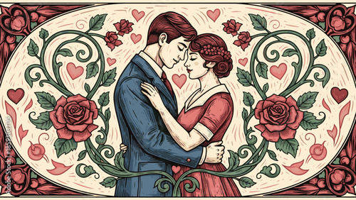 Romantic valentine couple illustration, vintage handrawn and engraving colorful style
