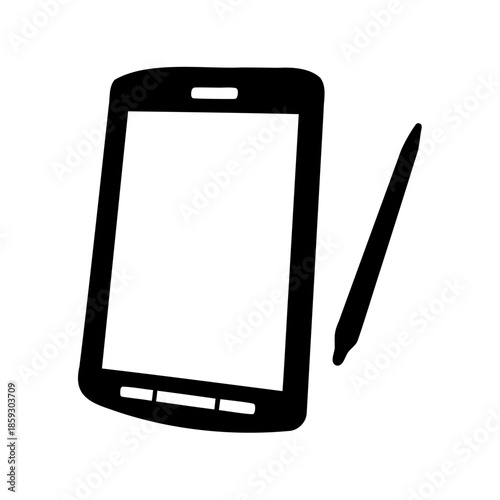 Black and white illustration of a tablet with a stylus nearby it