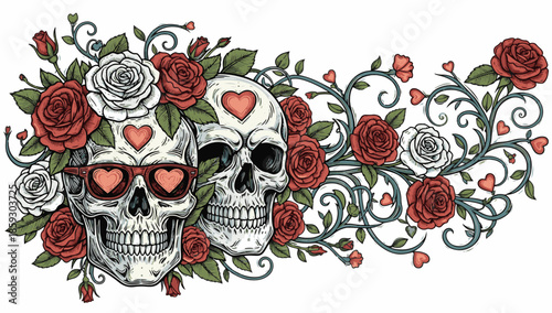 Skeleton and skull Valentine, Cute Doodle Cartoon Line Art Vector Clipart lino cut engraving illustration
