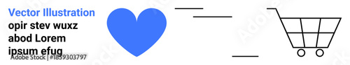 E-commerce, digital retail, online shopping, consumer behavior, marketing, online payments. Blue heart with a shopping cart and placeholder text. E-commerce and digital retail concept