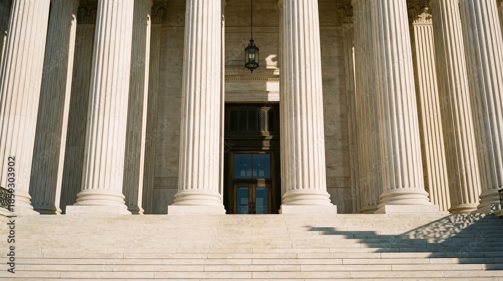 Fototapeta premium A striking low angle view showcases the majestic neoclassical architecture of a courthouse featuring prominent columns and a shadowed entrance