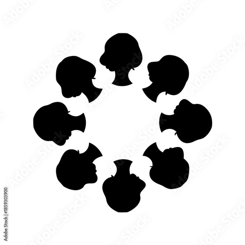Silhouette Circle of Female Faces Symbolizing Unity and Connection in Black
