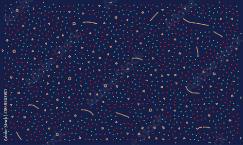 Abstract medical vector background with microscopic bacteria and viral cells in red and teal colors on dark blue. Science and biotechnology texture with molecular particles for healthcare design.