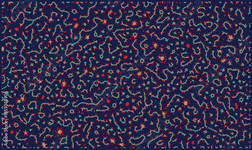 Abstract vector background featuring chaotic chains of red and green particles on dark blue, representing microbiology, biotechnology, and nanotechnology data visualization concepts.