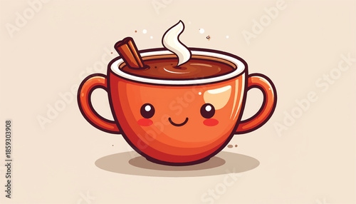 Cute Kawaii Hot Chocolate Cup with Cinnamon Stick Illustration.