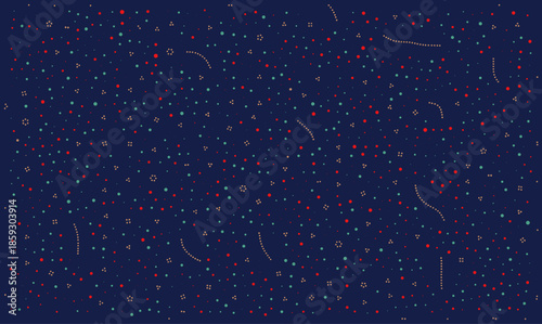 Abstract vector background with scattered red and teal particles resembling molecules or cosmic dust on dark blue. Geometric pattern for science, microbiology, nanotechnology, and data visualization.