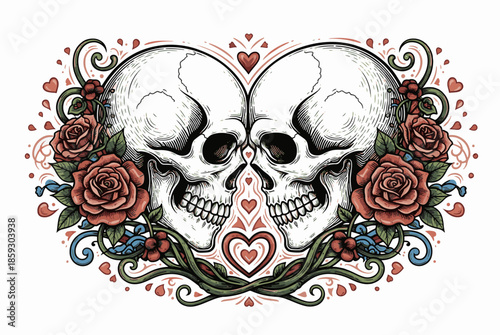 Skeleton and skull Valentine, Cute Doodle Cartoon Line Art Vector Clipart lino cut engraving illustration

