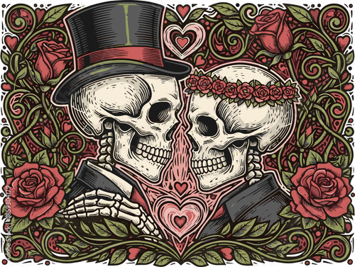 Skeleton and skull Valentine, Cute Doodle Cartoon Line Art Vector Clipart lino cut engraving illustration
