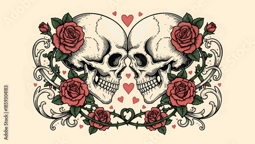 Skeleton and skull Valentine, Cute Doodle Cartoon Line Art Vector Clipart lino cut engraving illustration
