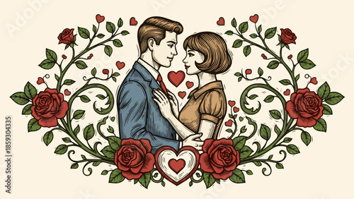 Romantic valentine couple illustration, vintage handrawn and engraving colorful style
