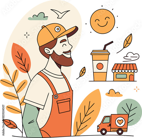 Friendly delivery man with coffee and truck on a sunny day